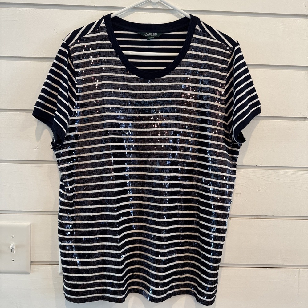 Lauren Ralph Lauren Top  Women XL Blue White Stripe‎ Sequins Short Sleeve